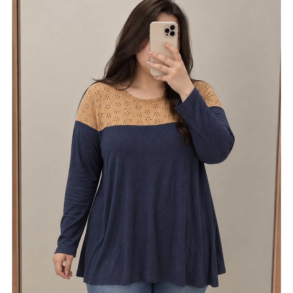 Hailey & Co Navy Tan Colorblock Eyelet Faux Suede Tunic Top Large HD81391
